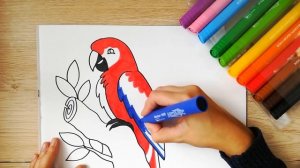 HOW TO DRAW a Parrot - Scarlet Macaw - easy drawing for kids - coloring with markers