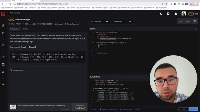Javascript решение задачи с Codewars, Persistent bugger