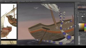 [Painting process] "Giant Octopus and a ship". Photoshop, Huion Kamvas Pro 24 4k