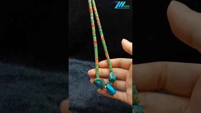 Natural turquoise free-shape pendant with orange spiny oyster  roundle beads gemstone necklace06