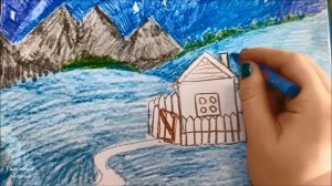 Как нарисовать ЗИМНИЙ ПЕЙЗАЖ ! Рисую поэтапно зимний пейзаж с домиком восковыми мелками :)
