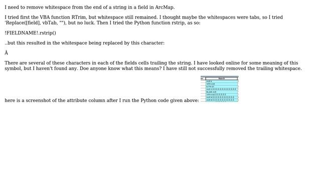 GIS: remove whitespace Python code results in odd character - Field Calculator