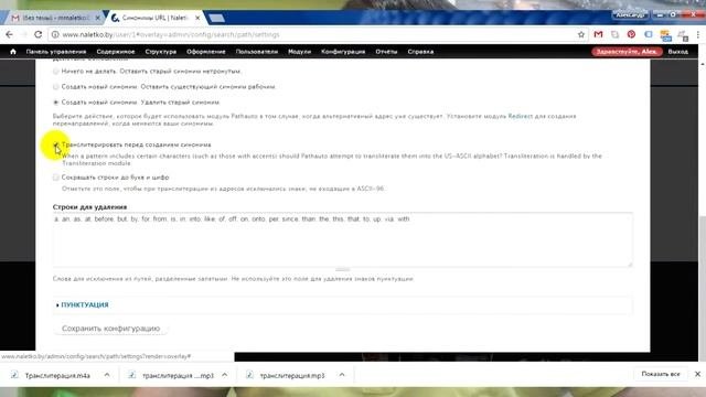 Настройки модуля транслитерация Drupal 7