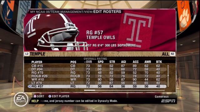 NCAA Football 08 Temple Owls Overall Player Ratings