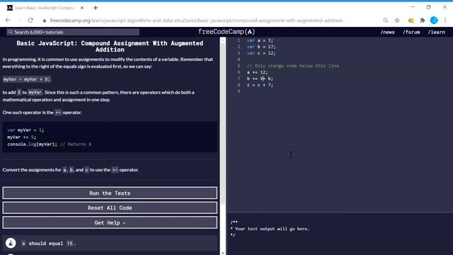 Basic JavaScript (18/111) | Compound Assignment With Augmented Addition | freeCodeCamp
