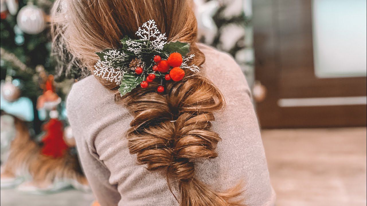 Объёмная коса на резинках. Ложная коса. Прическа на праздник  Christmas holiday hairstyle