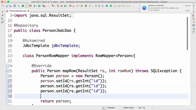 Spring framework Tutorial (123 Step 12 Creating a custom Spring JDBC RowMapper) смотреть онлайн
