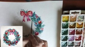 Как нарисовать новогодний венок акварелью // Short watercolor painting tutorial: christmas wreath