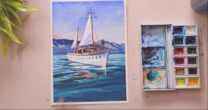 Watercolor the sea and the ship