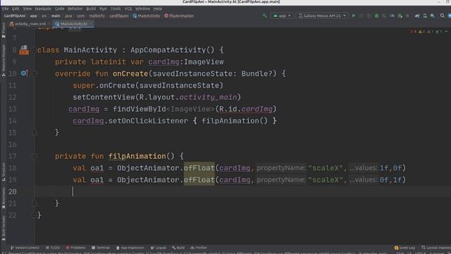kotlin android how to build/make/create/implement card flip animation in android tutorial#solutions