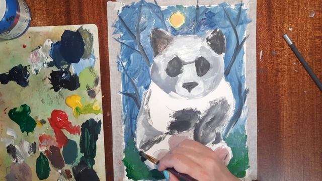 Рисуем панду гуашью. Как нарисовать панду. Простой рисунок. Картина для начинающих. смотреть онлайн