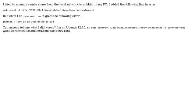 Ubuntu: Mounting samba share in using fstab смотреть онлайн