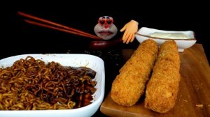 ASMR MUKBANG Black Bean Noodles & Giant Sweet Potato Cheese Stick (4K)