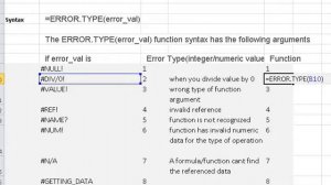 Error type function in excel