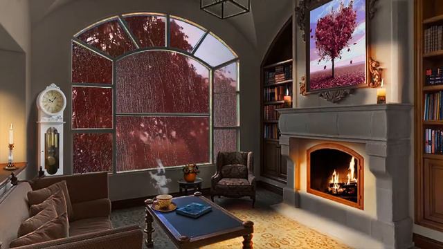 ☕Heavy rain,rainfall,thunderstorm with lightning outside the window of a cozy room/a fireplace/slee смотреть онлайн