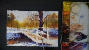 Watercolor painting tutorial - Snowy Scene and Bridge