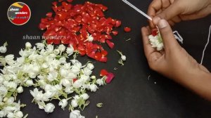 Beautiful Bridal garland making using jasmine flowers red rose petals and ladies hand pouch