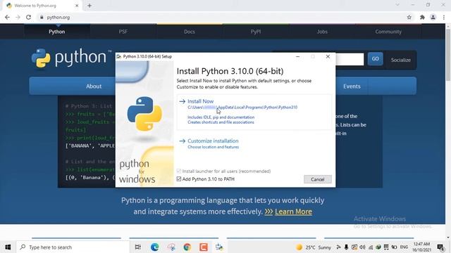 Download and install Python 3.10.0 on Windows 10