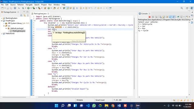 Roll # 2019 | Write java program that displays the menu for parking area | Java Program with output