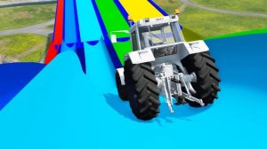 Big & Small Tractor Car vs Slide Colors with Portal Trap - Cars vs Deep Water vs Train -BeamNG.Driv