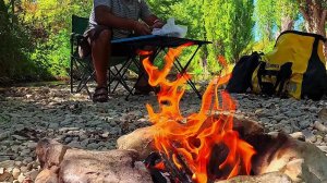 Соло мото кемпинг на речке, в тихом месте. Приготовил колбаски на огне!
