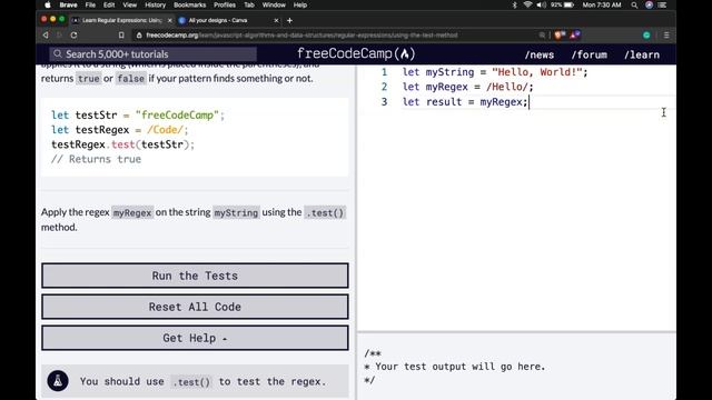 Regular Expressions, Using the Test Method, freeCodeCamp's Learn Regex Challenges, 2020 Learn Regex