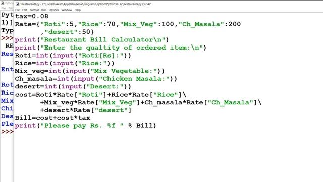 Python Programs #1: Restaurant Bill Calculator
