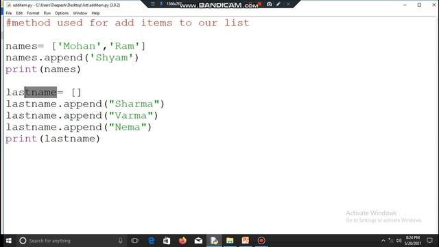 Add item in list  (append method)