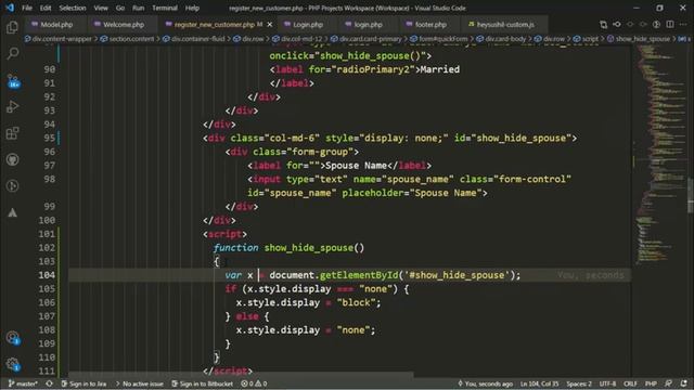 How to show Hide spouse field using onClick JavaScript HTML CSS in Codeigniter Account Project