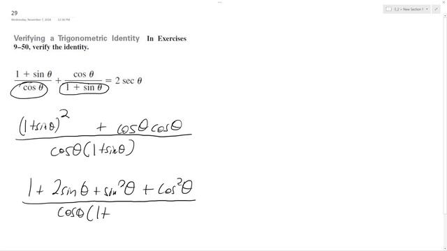 (1 + Sin Theta)/ Cos Theta + Cos Theta / (1 + Sin Theta) = 2 Sec Theta, Verify The Identity