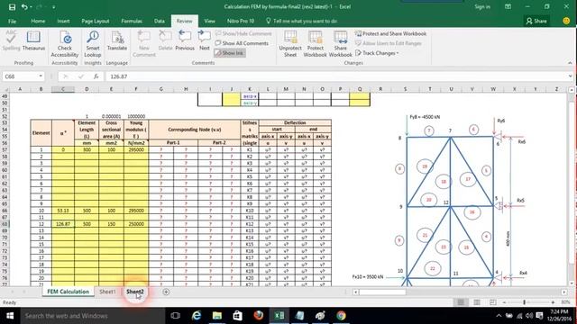 node displacement of various structure (Truss) using Finite Element Method, applied in MS Excel