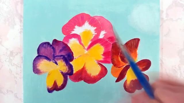 Как нарисовать три цветка анютины глазки. Рисунок красками. смотреть онлайн