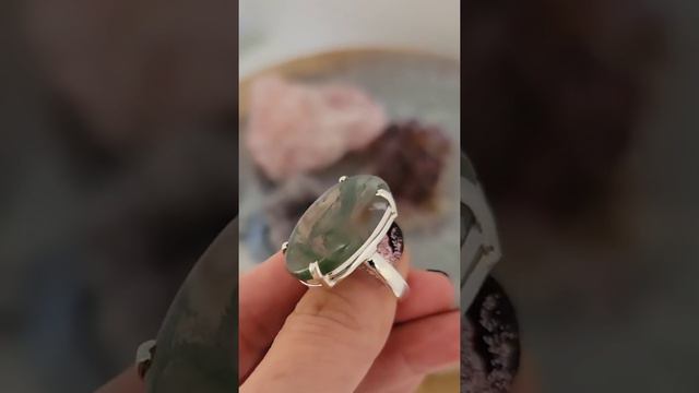 Moss Agate Silver Ring Size 7.5