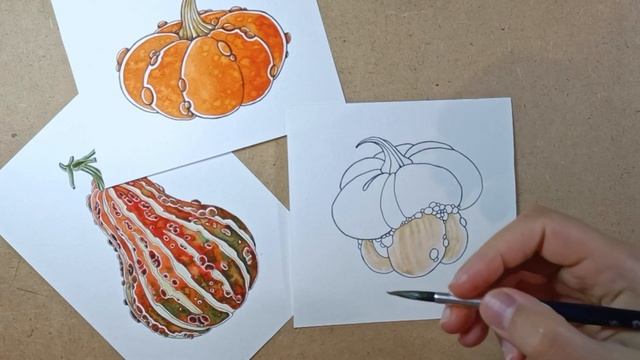 МК по рисованию декоративных тыковок акварелью и линером. Три разных тыквы для открыток к Хэллоуину смотреть онлайн