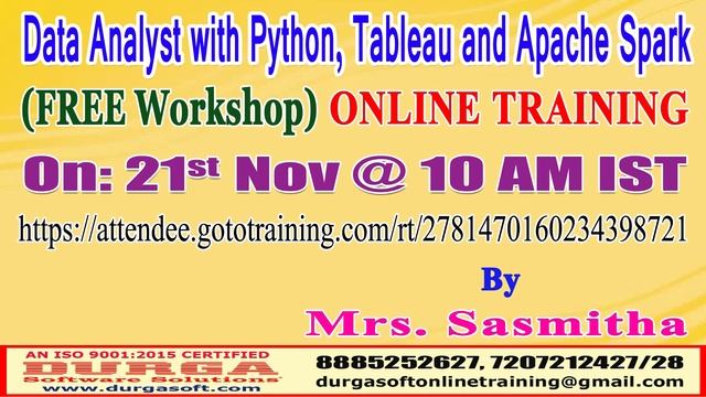 DATA ANALYST with Python, Tableau and Apache Spark (FREE Workshop) Online Training @ DURGASOFT смотреть онлайн