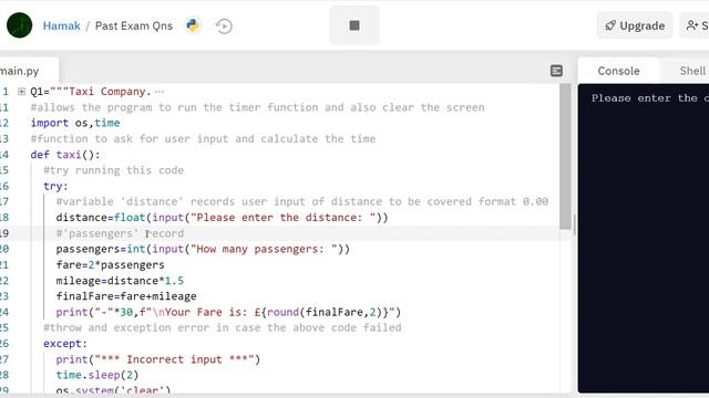 Python Code for a Taxi Fare - Computer Science GCSE Exam Question