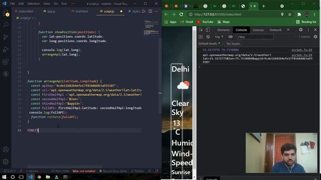 Create a weather application using JavaScript, OpenweatherMapAPi, Geolocation APi, #javascript