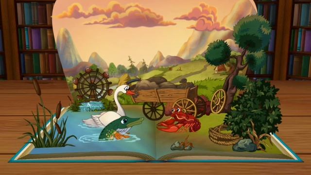 Слушать басню "Лебедь, Щука и Рак" с яркими картинками и мультфильмом в конце