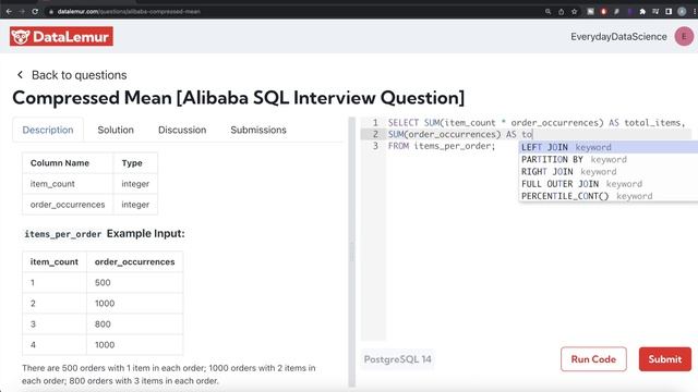 ALIBABA Interview Question Solved - SQL | "Compressed Mean" | Everyday Data Science