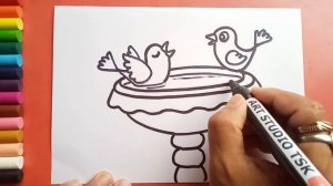 Cute Birds bathing in the fountain step by step drawing