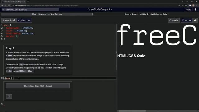 learn2code | freeCodeCamp (New) Responsive Web Design  -  Building a Quiz: Step 8
