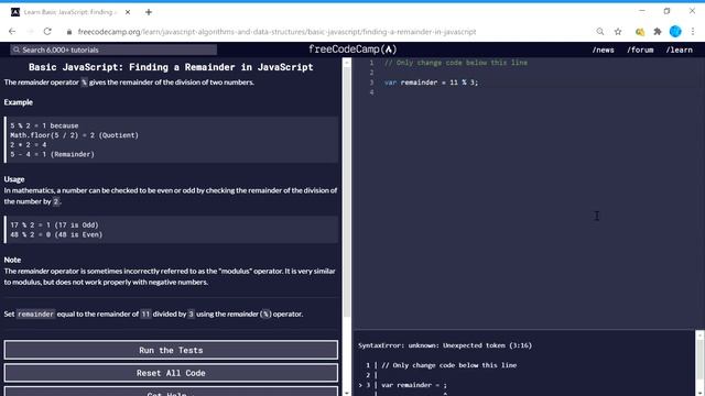 Basic JavaScript (17/111) | Finding a Remainder in JavaScript | freeCodeCamp