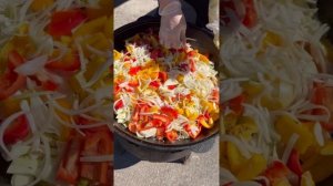 Дэмлэмэ - томление овощей с мясом. Готовим в казане на костре.