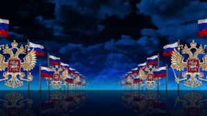 Российские флаги на флагштоке и гербы по сторонам проспекта. Цикличный видеоарт в 4K.