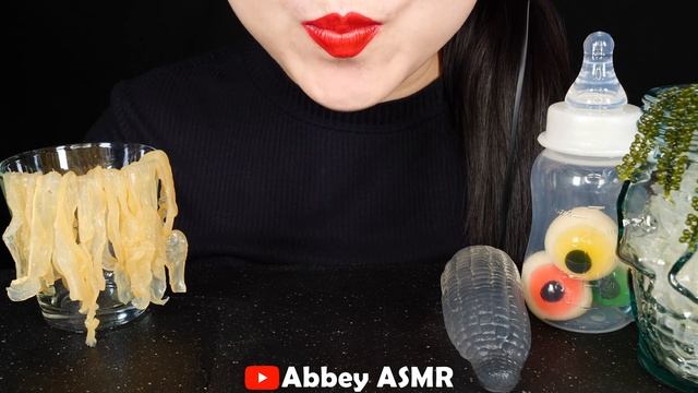ASMR CLEAR FOOD CRUNCHY EATING SOUNDS HONEY JELLY, JELLYFISH, SEA GRAPES, EDIBLE FROG EGGS, CANDY 먹