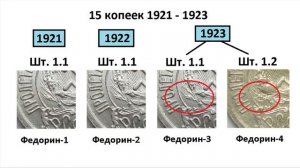 15 копеек 1921, 1922, 1923 года разновидности и цена.