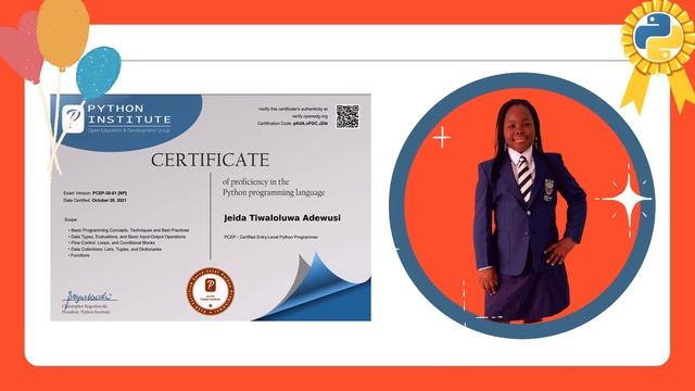 Congratulations Jeida: Python Certified Entry Exam PCEP 30-01