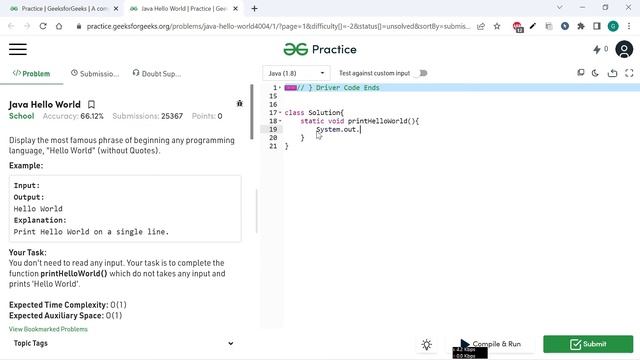 Java Hello World || GEEKSFORGEEKS SOLUTION || 100% Test Cases Passed || gorakhcodes