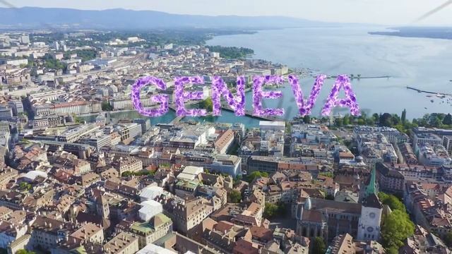 Inscription on video. Geneva, Switzerland. Flight over the central part of the city. Lake Geneva. S смотреть онлайн