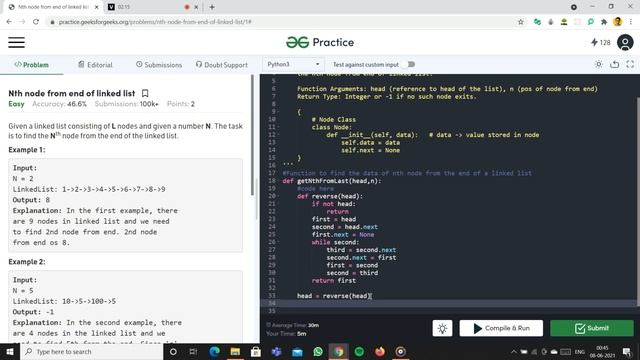 Nth node from end of linked list | Geeks For Geeks | Python | Love Babbar DSA Cracker Sheet